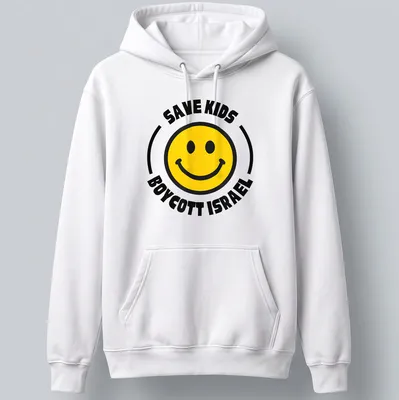 Bold graphic t-shirt with smiley face and activist text on it — printed on a unisex hoodie