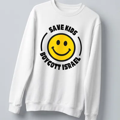 Bold graphic t-shirt with smiley face and activist text on it — printed on a unisex sweatshirt