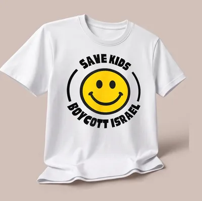 Bold graphic t-shirt with smiley face and activist text on it — printed on a unisex t-shirt (angled view)