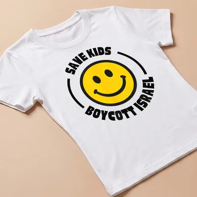 Bold graphic t-shirt with smiley face and activist text on it — printed on a women's shirt