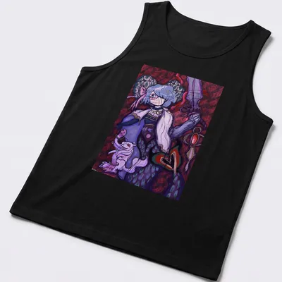 Vibrant fantasy design of Sayaka Miki with sword and mystical fox — printed on a tank top