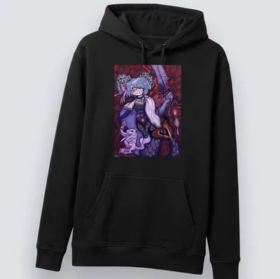 Vibrant fantasy design of Sayaka Miki with sword and mystical fox — printed on a unisex hoodie