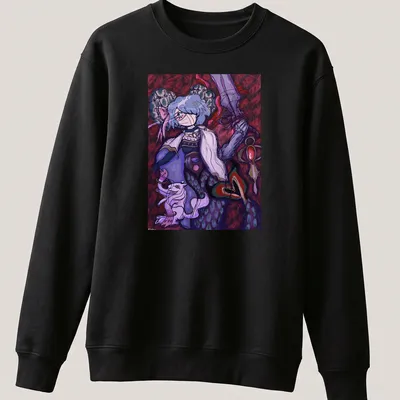 Vibrant fantasy design of Sayaka Miki with sword and mystical fox — printed on a unisex sweatshirt
