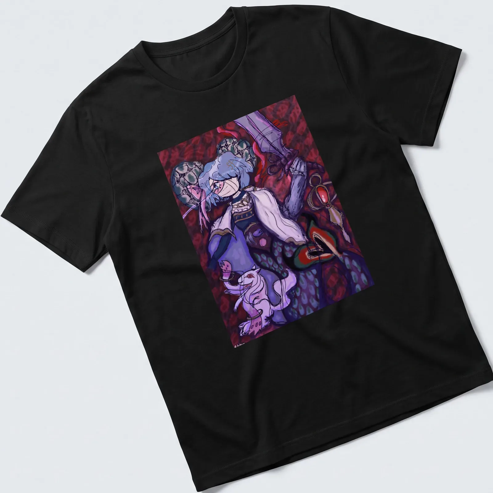 Vibrant fantasy design of Sayaka Miki with sword and mystical fox — printed on a unisex t-shirt