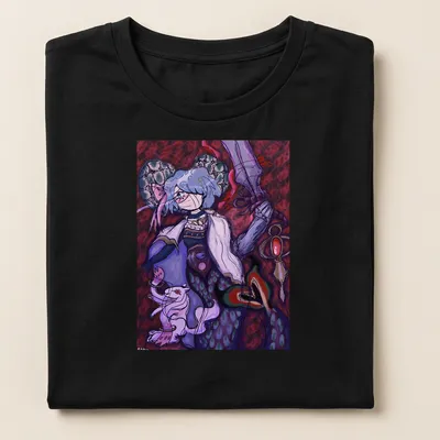 Vibrant fantasy design of Sayaka Miki with sword and mystical fox — printed on a women's shirt