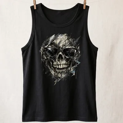 Abstract skull wearing sunglasses in black, white, gray, and blue — printed on a tank top
