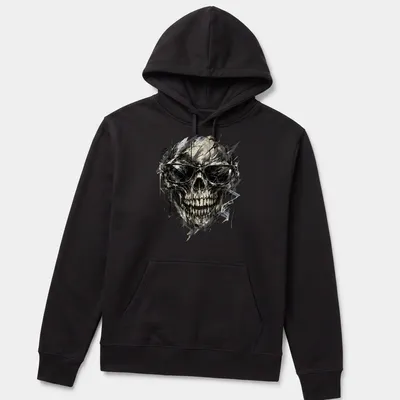 Abstract skull wearing sunglasses in black, white, gray, and blue — printed on a unisex hoodie