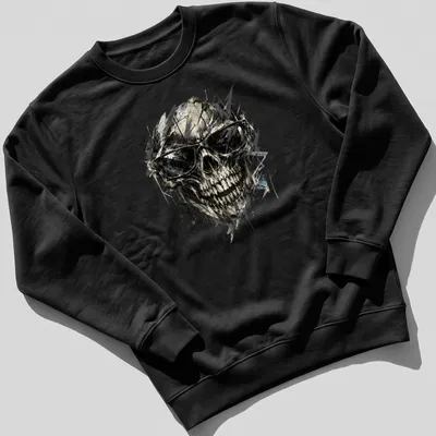 Abstract skull wearing sunglasses in black, white, gray, and blue — printed on a unisex sweatshirt