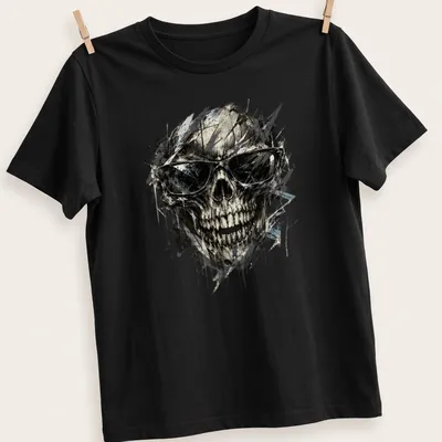 Abstract skull wearing sunglasses in black, white, gray, and blue