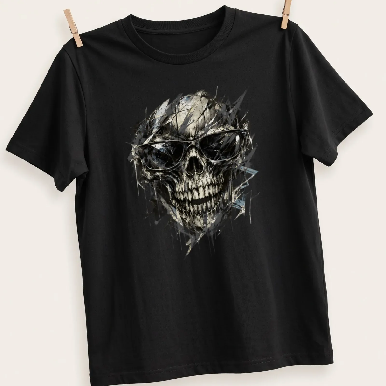 Abstract skull wearing sunglasses in black, white, gray, and blue — printed on a unisex t-shirt