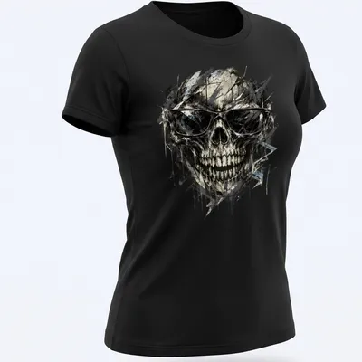 Abstract skull wearing sunglasses in black, white, gray, and blue — printed on a women's shirt