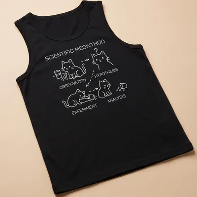 Cartoon cat with text on scientific method in black, white, and gray — printed on a tank top
