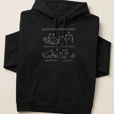 Cartoon cat with text on scientific method in black, white, and gray — printed on a unisex hoodie