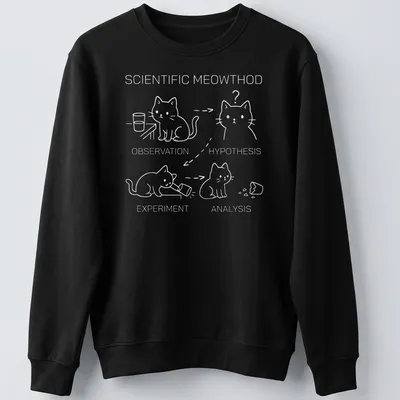 Cartoon cat with text on scientific method in black, white, and gray — printed on a unisex sweatshirt