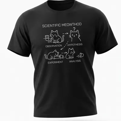 Cartoon cat with text on scientific method in black, white, and gray
