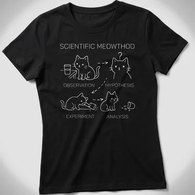 Cartoon cat with text on scientific method in black, white, and gray — printed on a women's shirt
