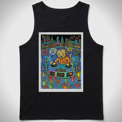 Colorful pop art of a Scottish Fold cat DJing with vibrant colors — printed on a tank top