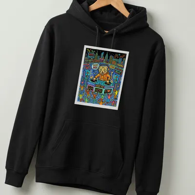 Colorful pop art of a Scottish Fold cat DJing with vibrant colors — printed on a unisex hoodie