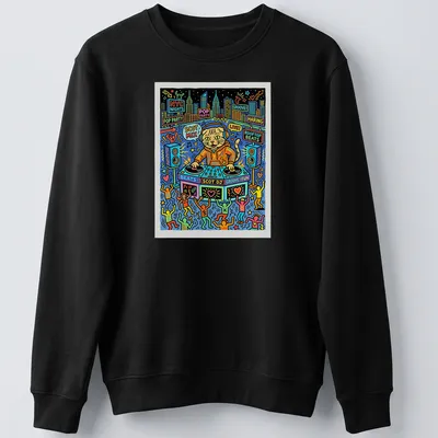 Colorful pop art of a Scottish Fold cat DJing with vibrant colors — printed on a unisex sweatshirt