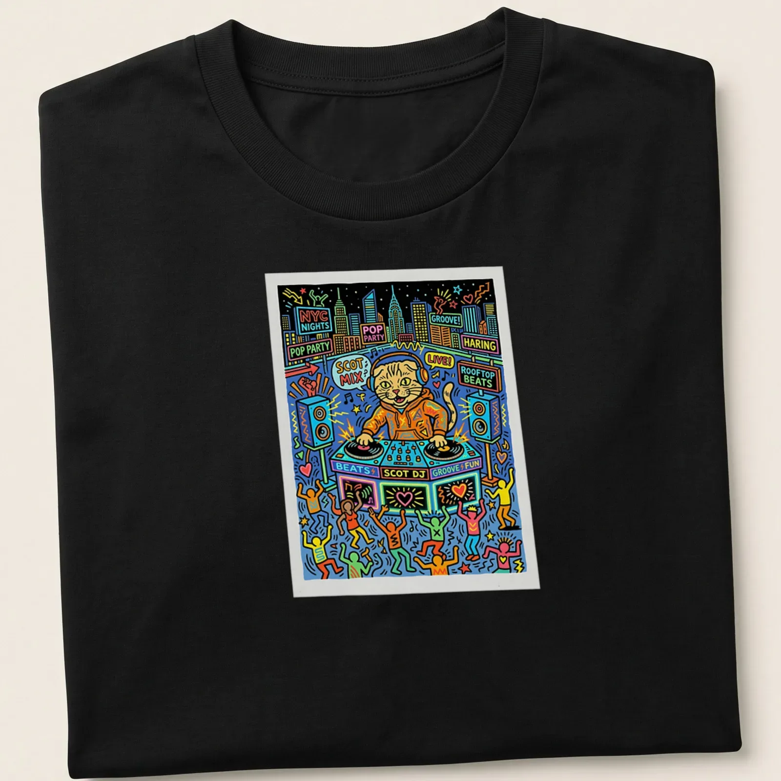 Colorful pop art of a Scottish Fold cat DJing with vibrant colors — printed on a unisex t-shirt