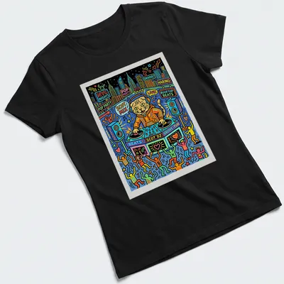 Colorful pop art of a Scottish Fold cat DJing with vibrant colors — printed on a women's shirt