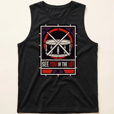 Bold geometric design featuring a drum and drumsticks with text — printed on a tank top