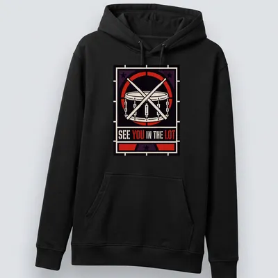 Bold geometric design featuring a drum and drumsticks with text — printed on a unisex hoodie