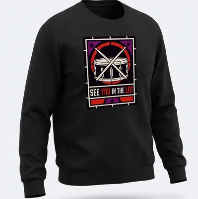 Bold geometric design featuring a drum and drumsticks with text — printed on a unisex sweatshirt