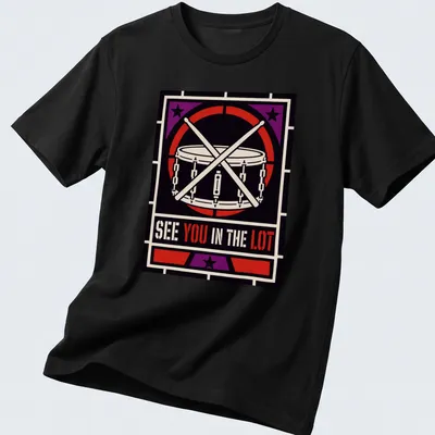 Bold geometric design featuring a drum and drumsticks with text
