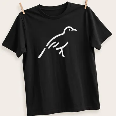 Minimalist line art of a bird in white and light gray on a T-shirt