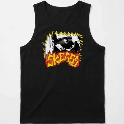 Bold graphic SKEGSS band logo in black, yellow, and red. — printed on a tank top