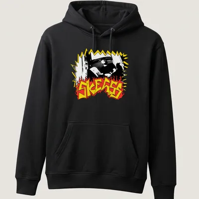 Bold graphic SKEGSS band logo in black, yellow, and red. — printed on a unisex hoodie
