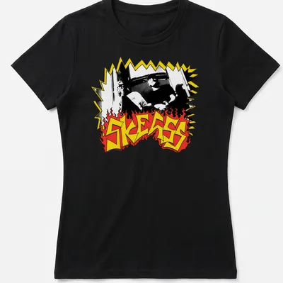 Bold graphic SKEGSS band logo in black, yellow, and red. — printed on a women's shirt
