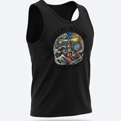 Vintage illustration of an octopus entwined with a lighthouse, with text about Sleepy Hollow. — printed on a tank top