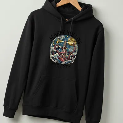 Vintage illustration of an octopus entwined with a lighthouse, with text about Sleepy Hollow. — printed on a unisex hoodie