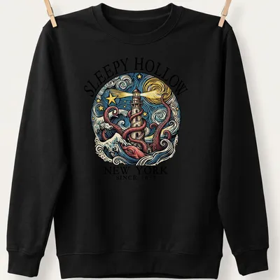 Vintage illustration of an octopus entwined with a lighthouse, with text about Sleepy Hollow. — printed on a unisex sweatshirt