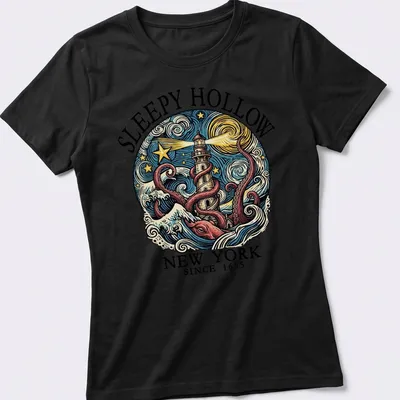 Vintage illustration of an octopus entwined with a lighthouse, with text about Sleepy Hollow. — printed on a women's shirt