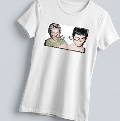 Photographic design depicting two young men with unique hairstyles and the text 'Slushy Nooobz'. — printed on a women's shirt