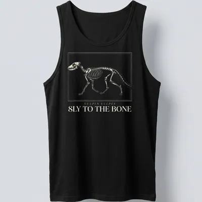 Scientific illustration of a fox skeleton with the text 'Vulpes Vulpes Sly To The Bone' — printed on a tank top