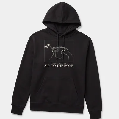 Scientific illustration of a fox skeleton with the text 'Vulpes Vulpes Sly To The Bone' — printed on a unisex hoodie
