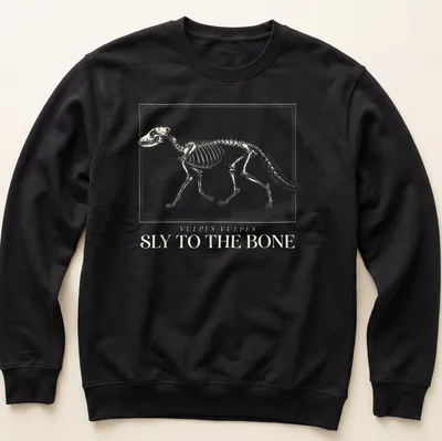 Scientific illustration of a fox skeleton with the text 'Vulpes Vulpes Sly To The Bone' — printed on a unisex sweatshirt