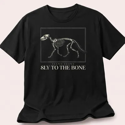 Scientific illustration of a fox skeleton with the text 'Vulpes Vulpes Sly To The Bone'