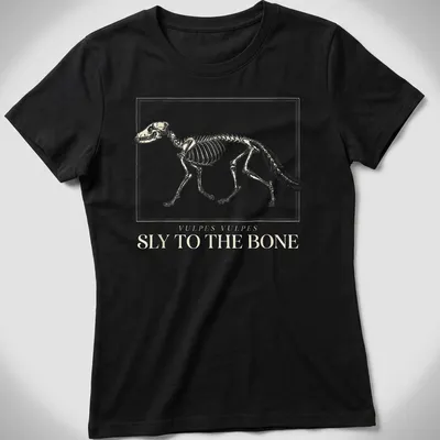Scientific illustration of a fox skeleton with the text 'Vulpes Vulpes Sly To The Bone' — printed on a women's shirt