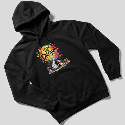 Colorful watercolor design of a young artist and dog with text Small Dot, Big DREAMS — printed on a unisex hoodie