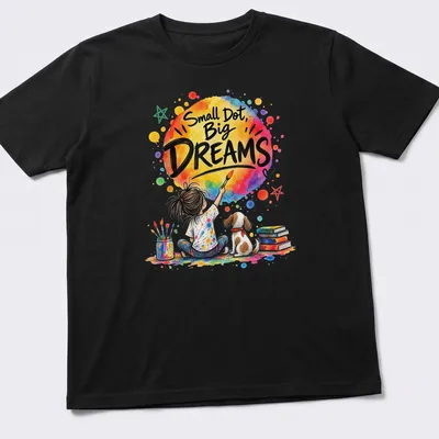 Colorful watercolor design of a young artist and dog with text Small Dot, Big DREAMS