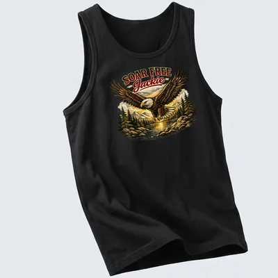 Bald eagle soaring with text 'Soar Free Jackie' in bold lettering — printed on a tank top