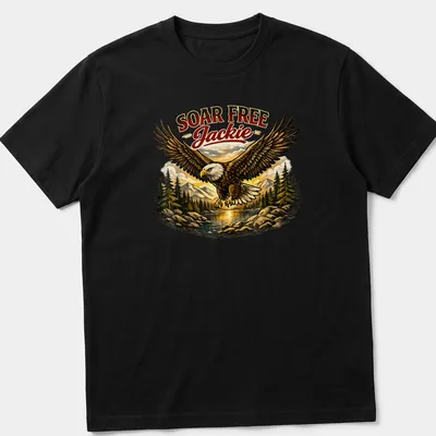 Bald eagle soaring with text 'Soar Free Jackie' in bold lettering