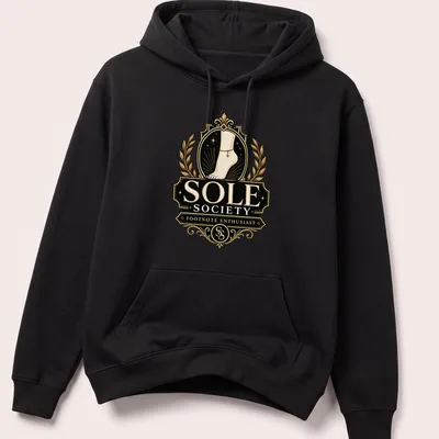 Vintage emblem design featuring a foot with anklet and playful text. — printed on a unisex hoodie
