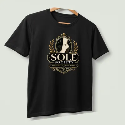 Vintage emblem design featuring a foot with anklet and playful text. — printed on a unisex t-shirt (angled view)
