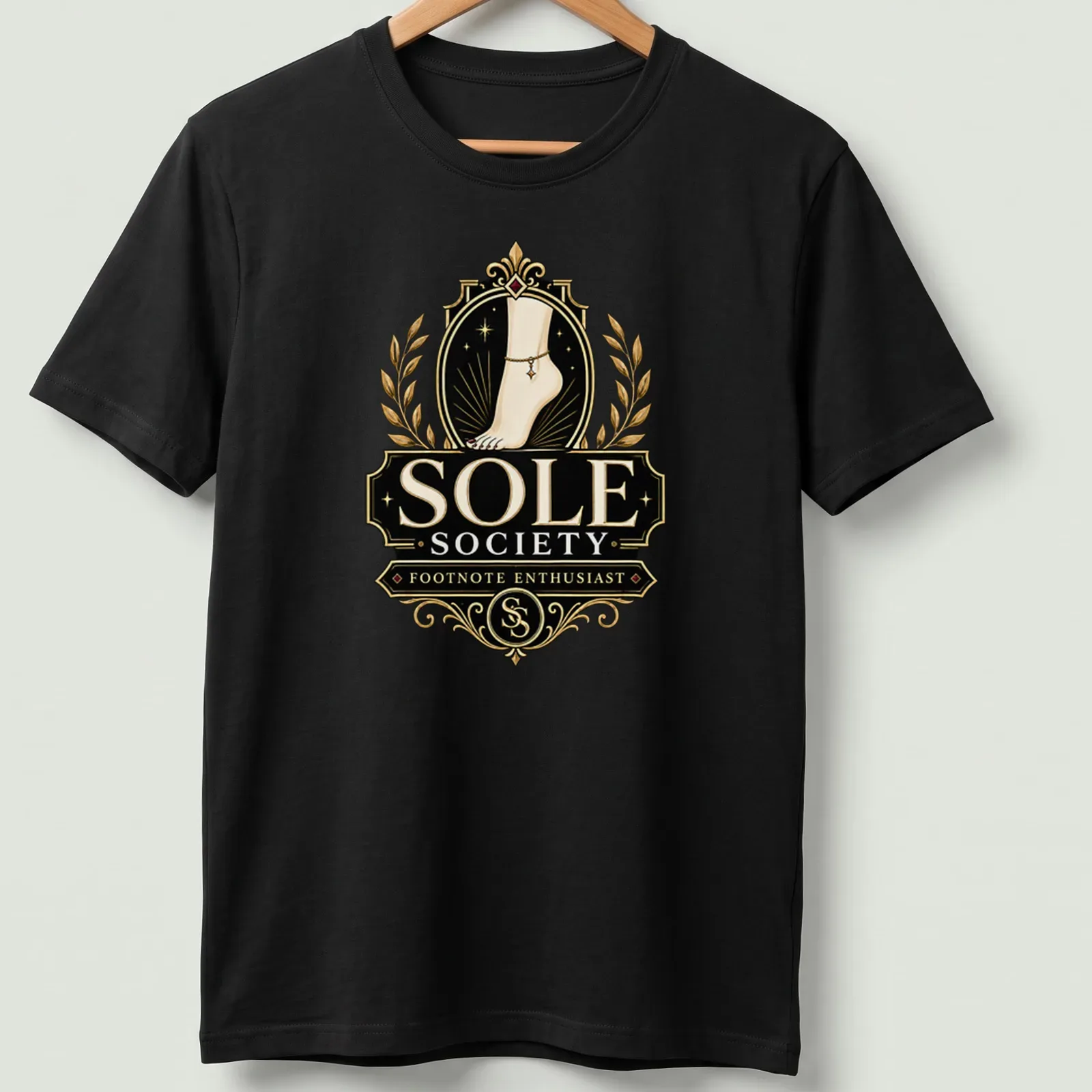 Vintage emblem design featuring a foot with anklet and playful text. — printed on a unisex t-shirt